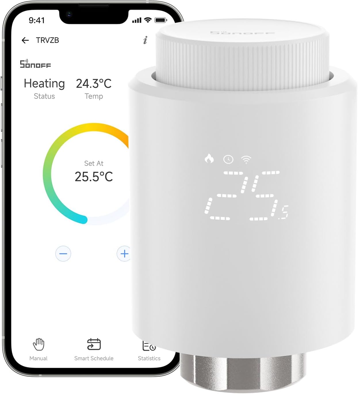 SONOFF Smart Heizkörperthermostat TRVZB, Smart Heizungsthermostat mit App-Funktion, Zigbee Thermostat Benötigt Zigbee 3.0 Hub, kompatibel mit Amazon A