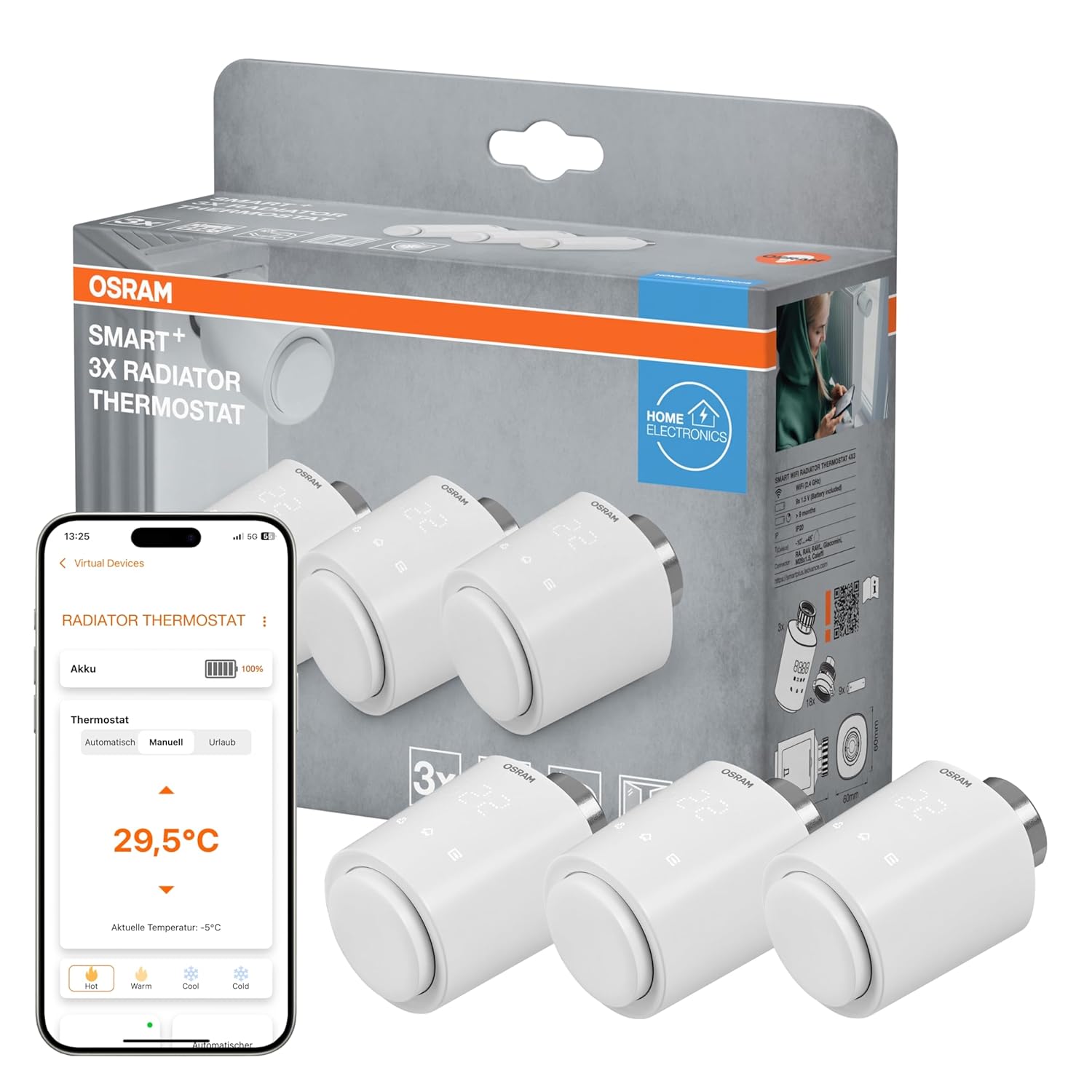 OSRAM SMART+ WiFi Heizkörperthermostat, IP20, Kunststoff, weiß, 3er-Pack