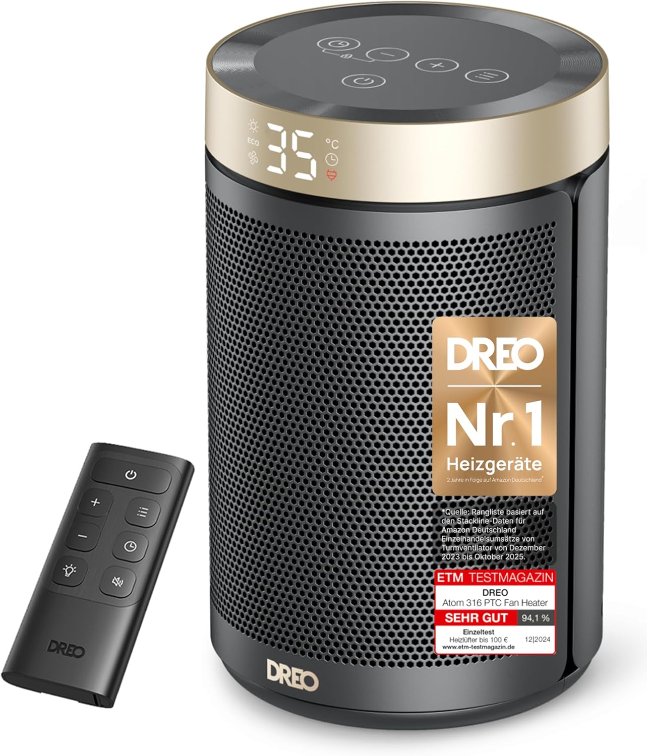 Dreo Energiesparender Heizlüfter, 34 dB Leiser 1500W Elektrischer PTC Keramik, Thermostat, Überhitzungs- &amp; Kippschutz, 12 Std. Timer, Elektroheizu