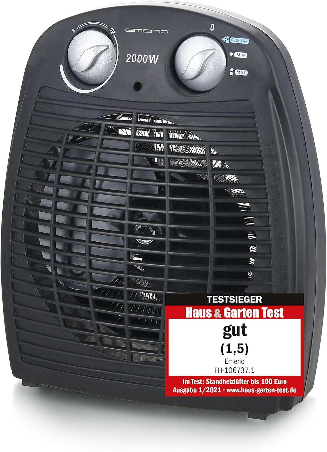 Emerio FH-106737.2, Note 1.5, kleiner kompakter portabler Heizlüfter für 25 m², 2 Heizleistungen + Ventilatorfunktion, verstellbarer Thermostat, Siche