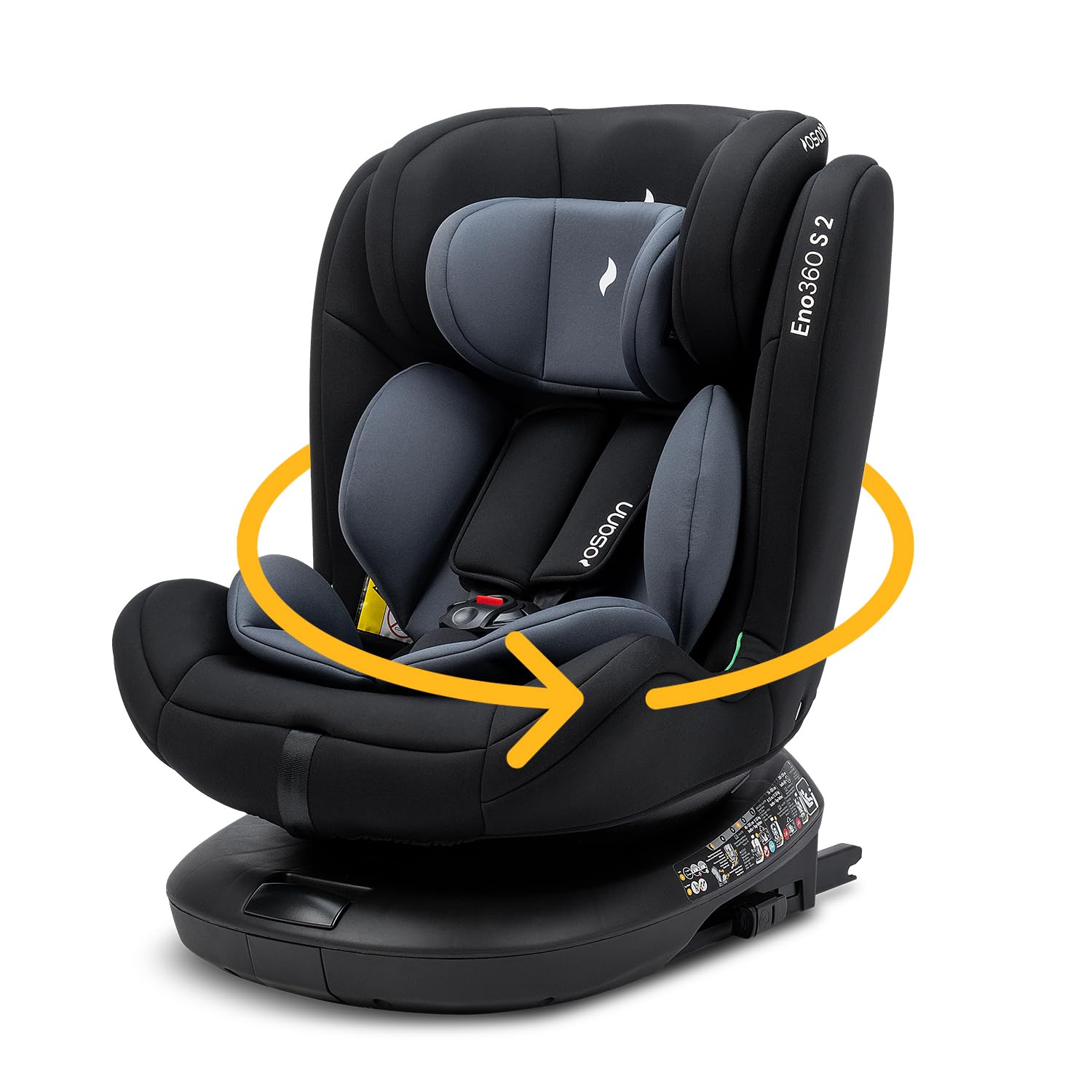 Osann Eno360 S 2 i-Size, 360 Grad drehbarer Kindersitz 40-150 cm, mitwachsender Reboarder mit Isofix, Kinderautositz ab Geburt – Nero