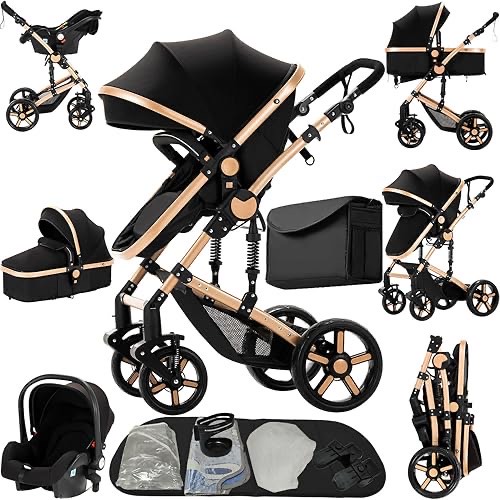 Kinderwagen 3 in 1, Kinderwagen Set Einem Klick Faltbar, Kombikinderwagen 3 in 1 mit Umkehrbarem Zwei-Wege-Schub, Buggy 