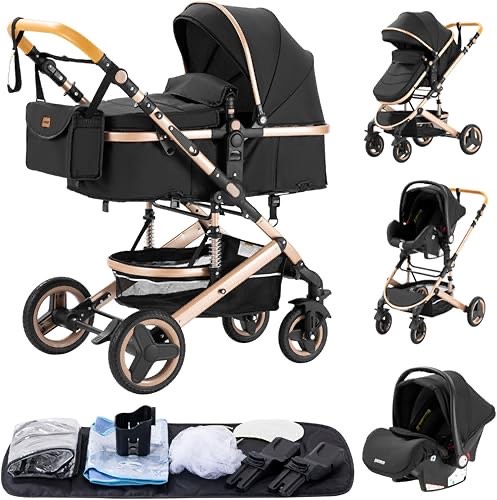 YAZOCO kinderwagen 3 in 1 Buggy Babybett Komplett Set Einem Klick Zusammenklappbarer Kinderwagen, KombiKinderwagen Alumi