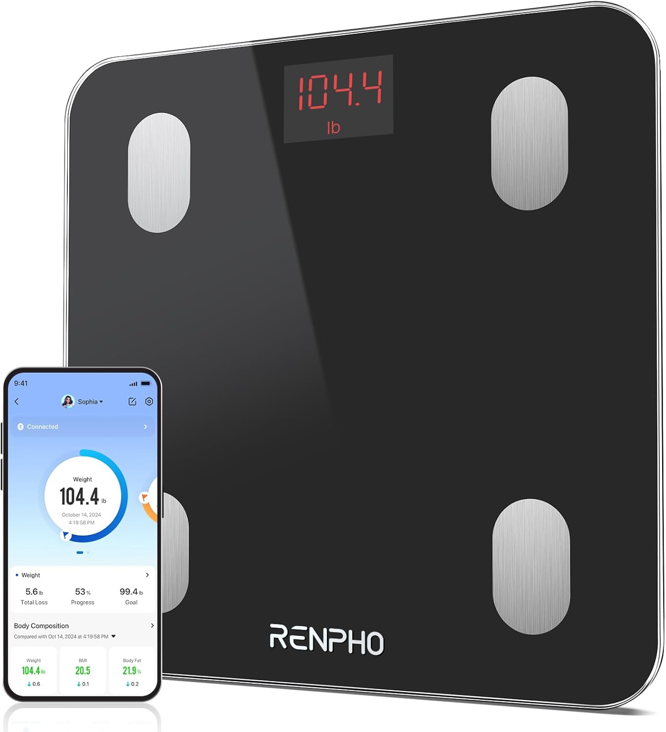 RENPHO Personenwaage Digital mit APP 180 kg, Waage Personen mit Körperfett und Muskelmasse mit 13 Messwerten, Bluetooth Körperfettwaage für Baby und S