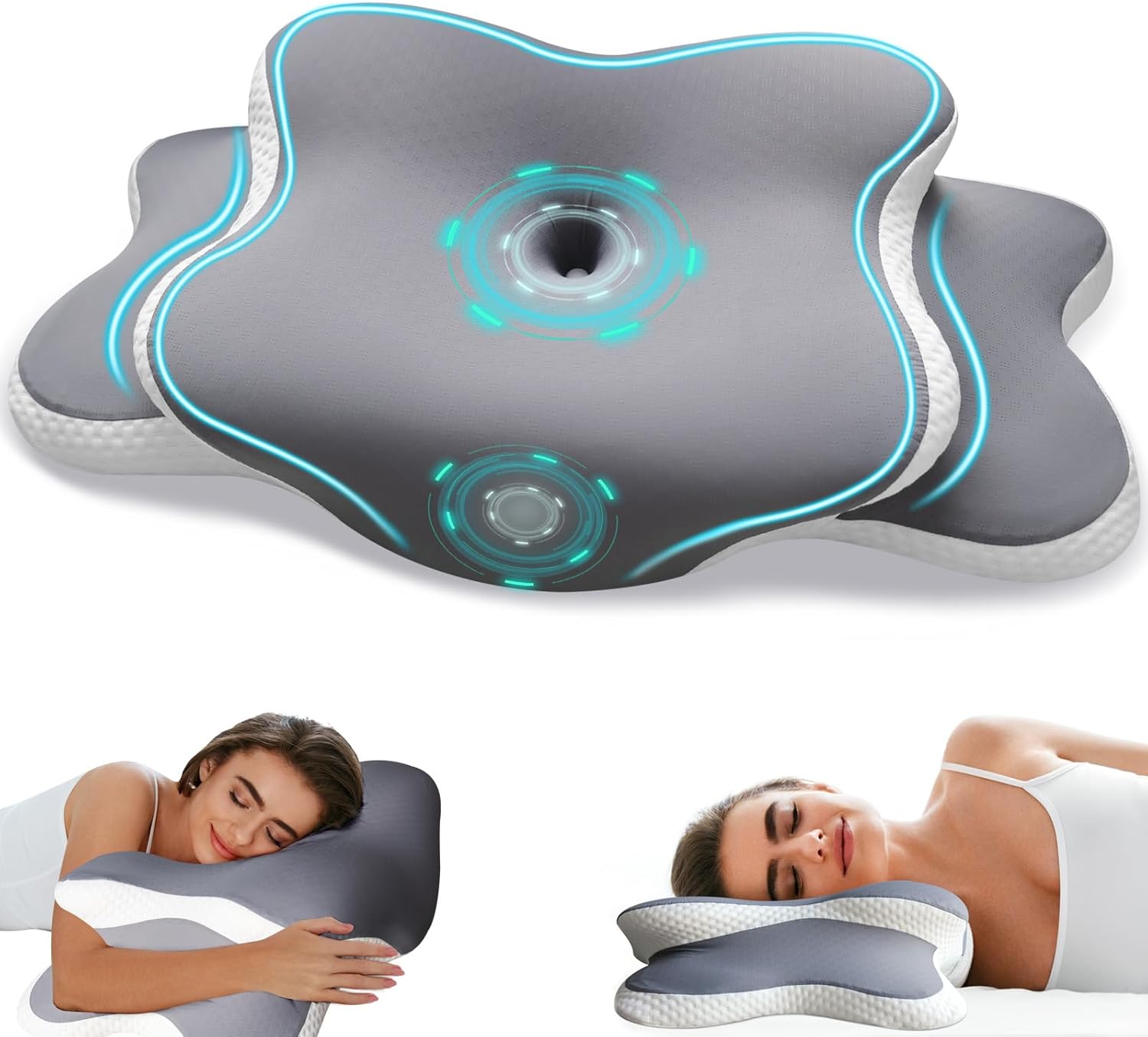 Nackenkissen Kopfkissen - Ergonomisches Kopfkissen für Seiten, Rücken &amp; Bauchschläfer, Memory Foam Kissen mit Kühlung Abnehmbare Kissenhülle （Grau