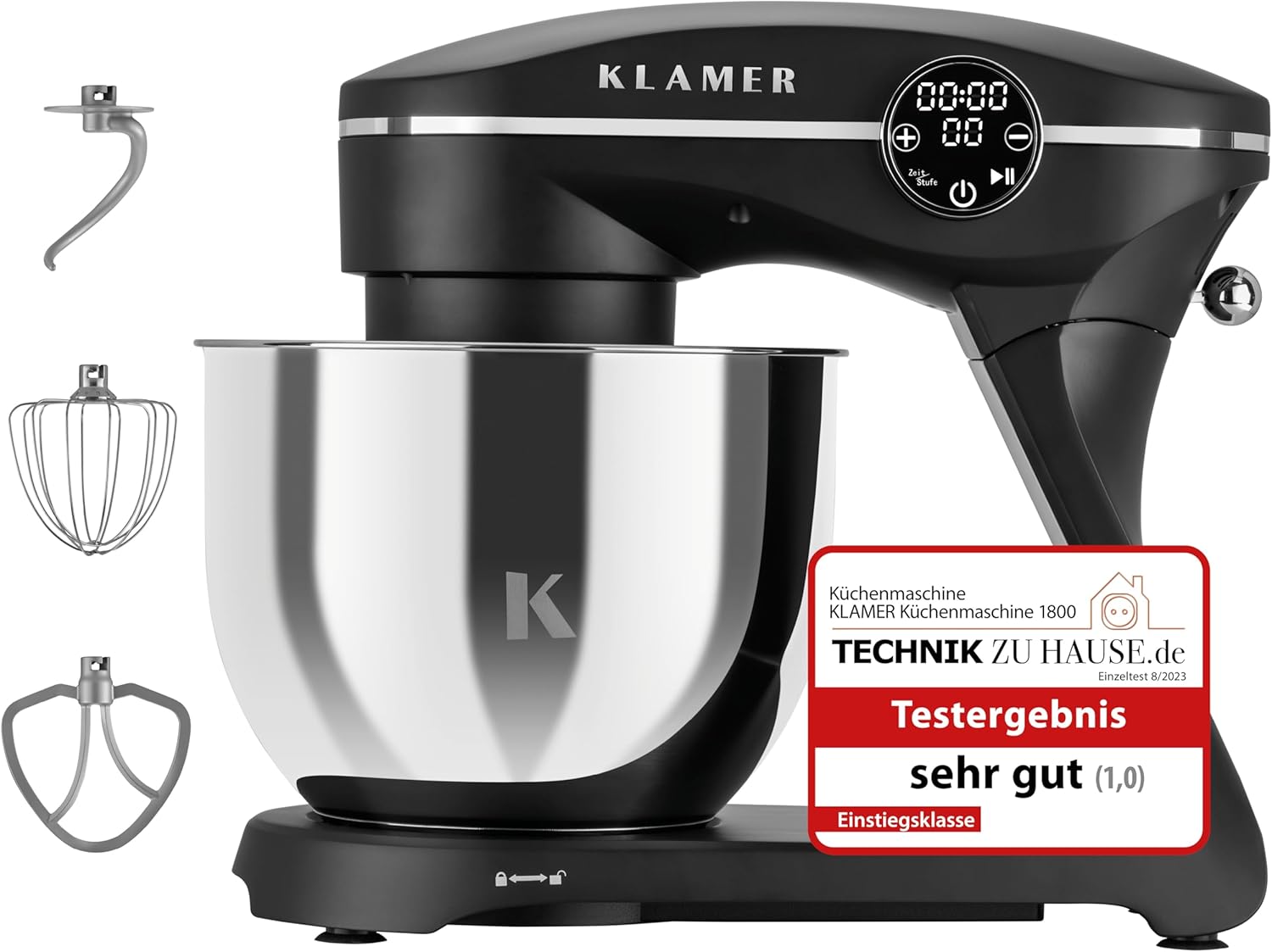 KLAMER Küchenmaschine 1800W, Knetmaschine Brotteig mit Edelstahl-Rührschüssel 6 L, 10 Stufen mit Timer, Planetenrührwerk, Rührbesen, Knethaken, Schnee