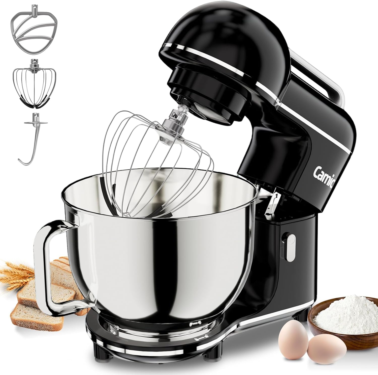 Camic Küchenmaschine - 2000W - 10 Geschwindigkeitsstufen mit Tragegriff, Edelstahl Rührschüssel (7L), Knetmaschine mit Rührhaken, Knethaken, Schlagbes