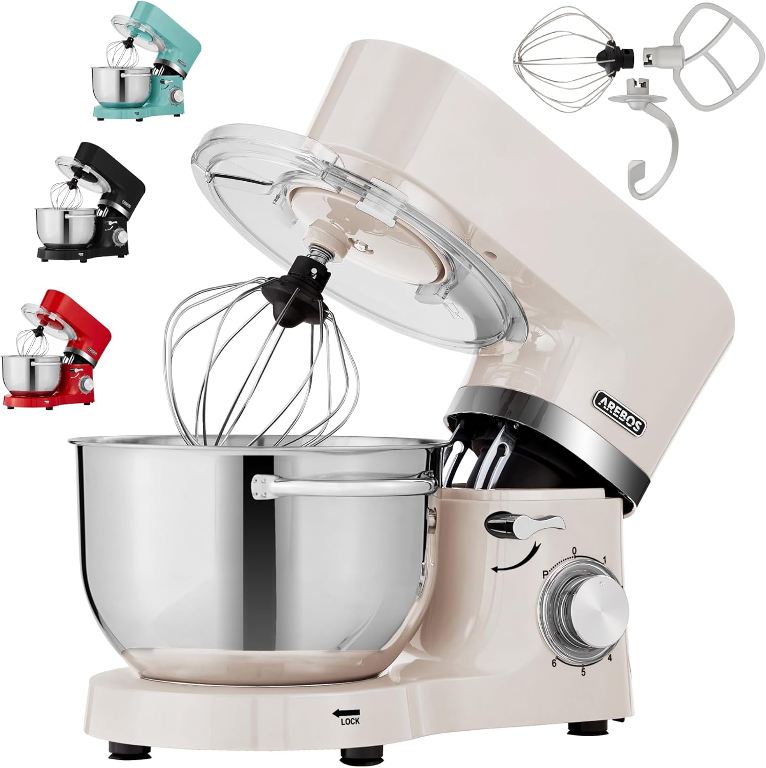 Arebos Küchenmaschine 1500W Creme | Knetmaschine mit 2x Edelstahl-Rührschüsseln 4,5 &amp; 5,5L | Geräuscharm | Küchenmixer mit Rührhaken, Knethaken, S