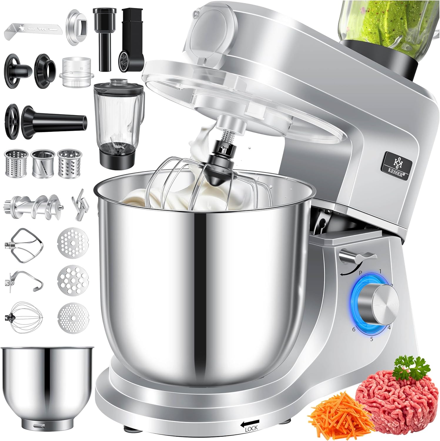 KESSER® 3 in 1 Universal Küchenmaschine K-KM 3000 mit Fleischwolf Knetmaschine Multifunktionale Rührmaschine 5,5L Schüssel mit 3 Rührwerkzeuge, 1,5L E