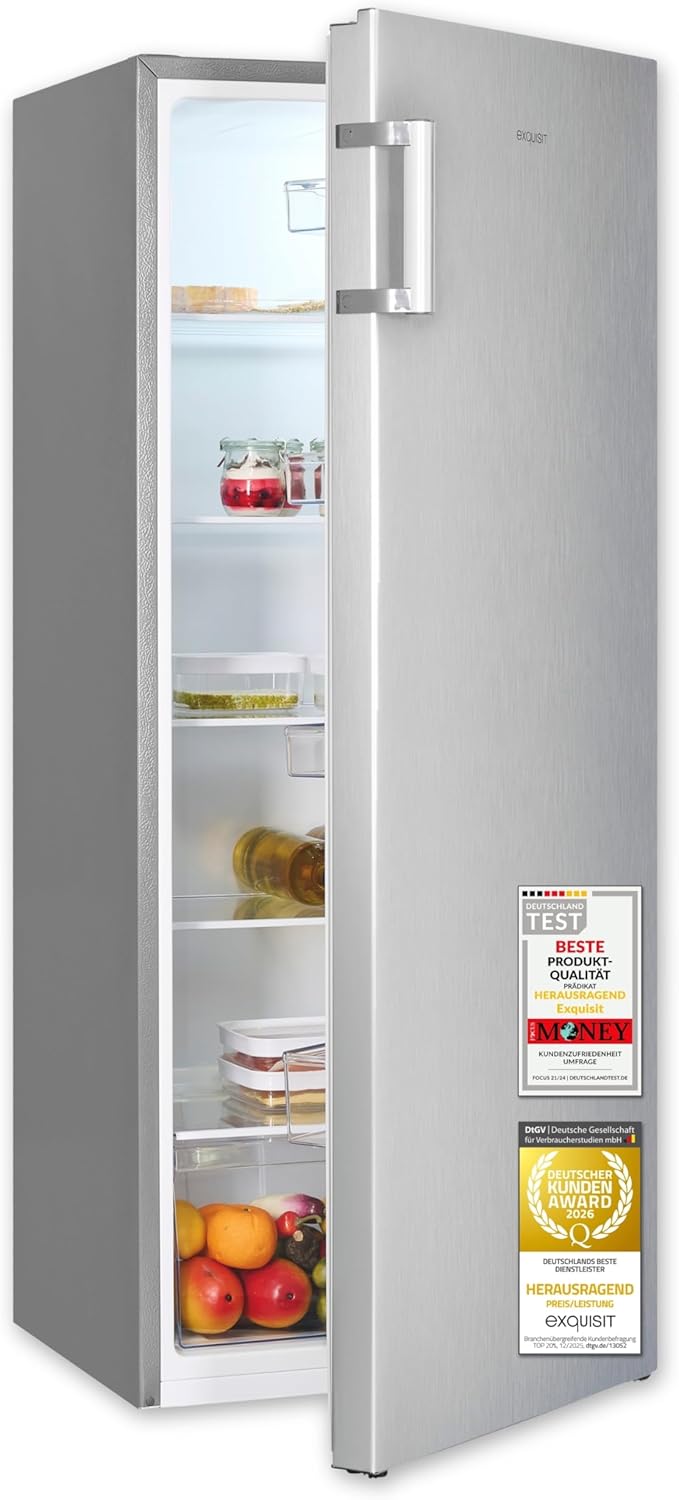 Exquisit Vollraumkühlschrank | 242 l Nutzinhalt | Energieeffizienzklasse E | 40 dB Geräusch | manuelle Temperaturregelung | LED-Beleuchtung | wechselb