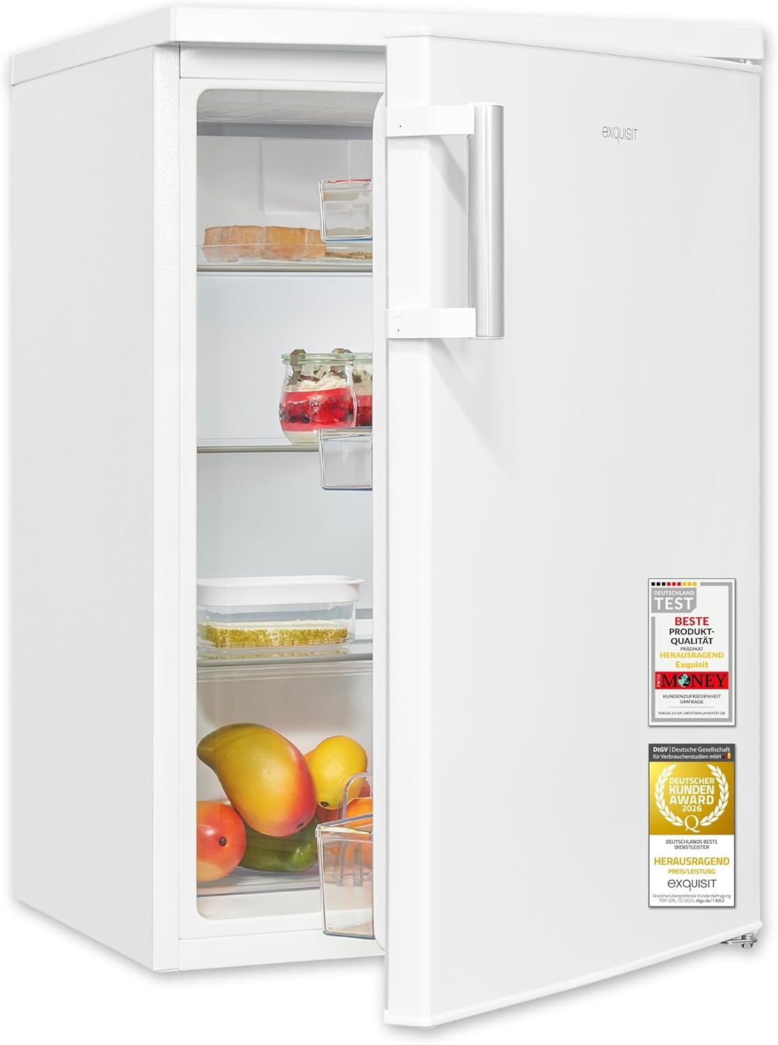 Exquisit Vollraumkühlschrank | 133 l Nutzinhalt, Energieklasse E, 40 dB(A) | kompakte Bauform, LED-Innenbeleuchtung, manuelle Temperaturregelung, Flas