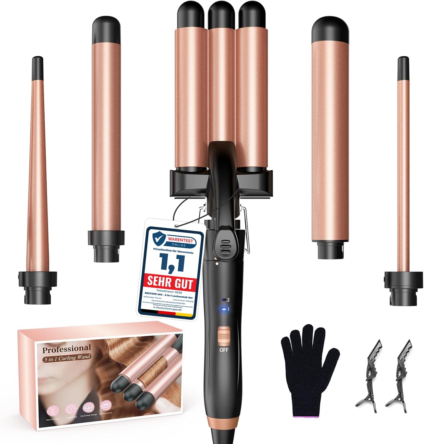 BESTOPE MIX Welleneisen Set 5 in 1, Lockenstab mit Verschiedenen Aufsätzen Einstellbare Temperatur Keramik Lockenstab Große Locken Schnellaufheizung l