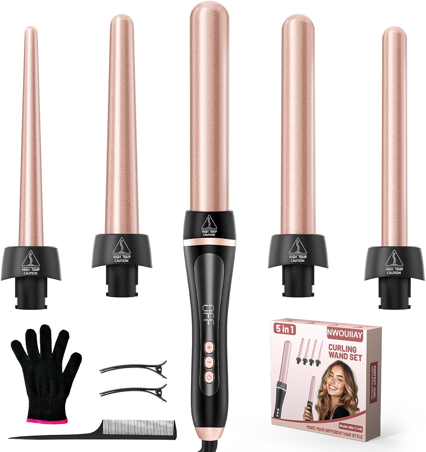 5-in-1 Lockenstab mit LCD &amp; Keramikbeschichtung, Austauschbare Aufsätze für Große und Kleine Locken, Schnell Aufheizendes Lockenstäbe mit Einstell