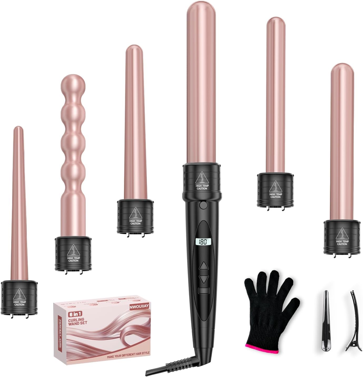 Lockenstab NWOUIIAY 6 in 1 LCD Lockenstab Set mit Keramischer Beschichtung Multifunktionales Austauschbares Zubehör für Große Kleine Locken mit Handsc