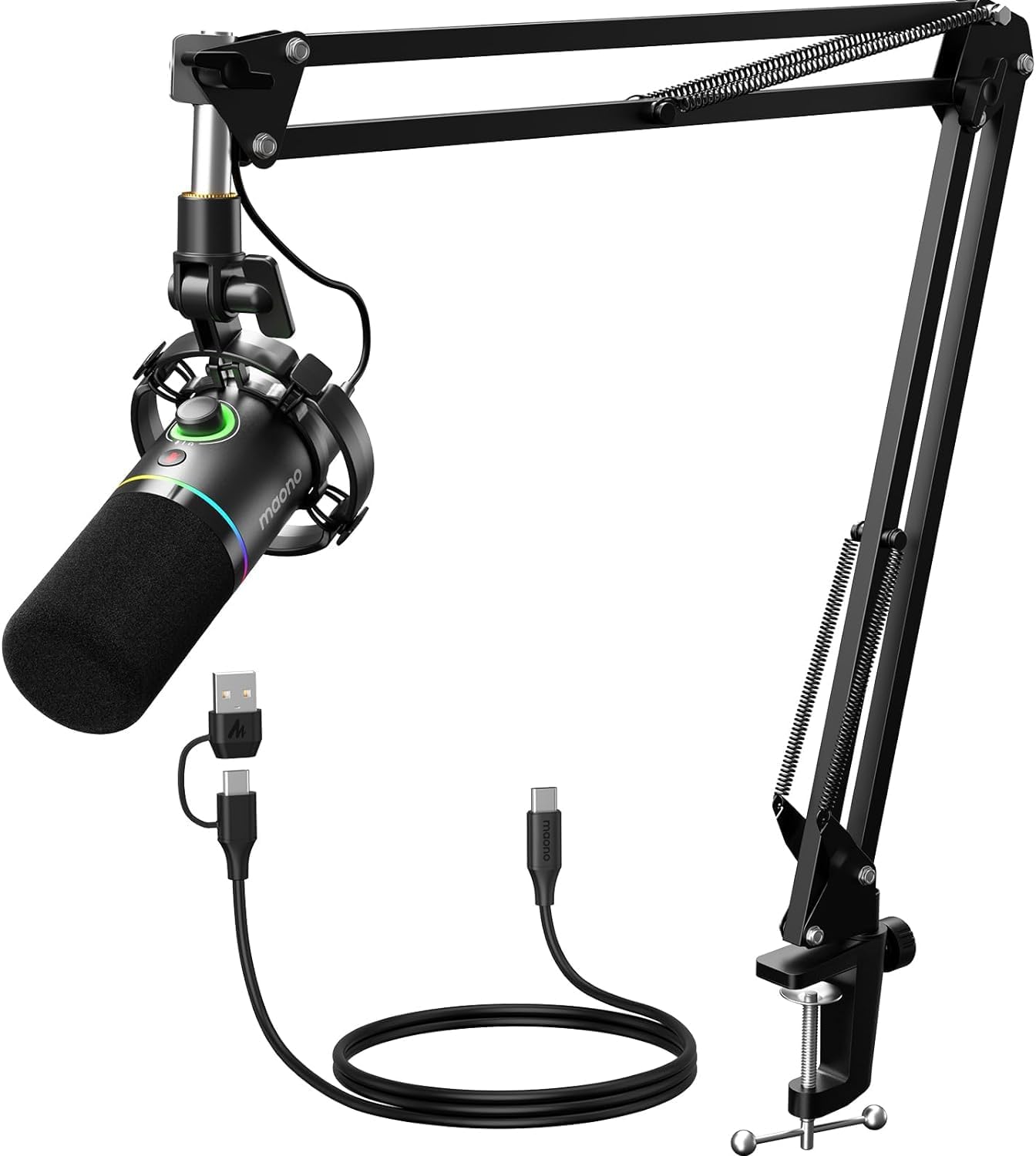 MAONO XLR/USB Dynamisches Mikrofon Set, RGB Podcast Mikrofon mit Arm, Software, Stummschalttaste, Gain-Regler, für PC Gaming, Streaming, Aufnahme, PS4