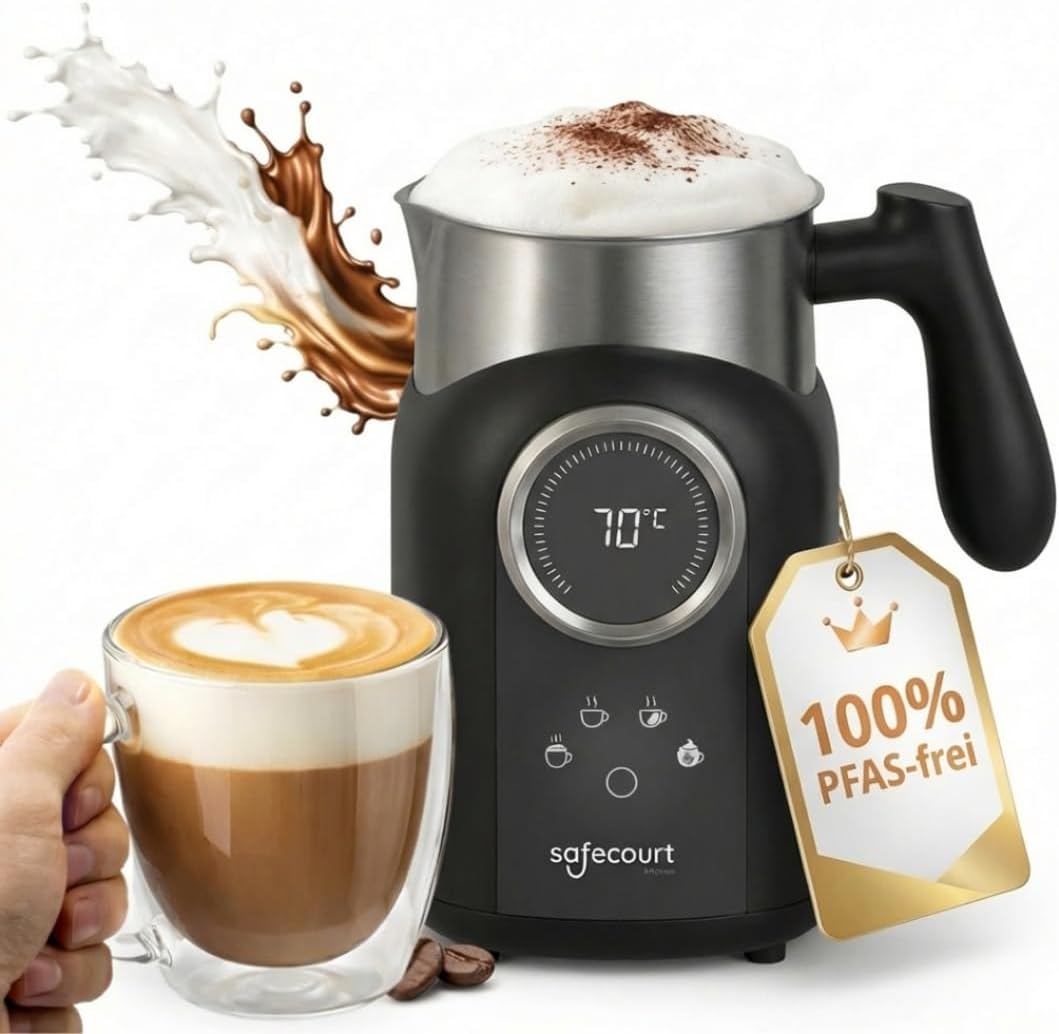 Safecourt Milchaufschäumer Elektrisch Spülmaschinenfest – [Abnehmbarer 400 ml Edelstahlbehälter] – Elektrischer Milchaufschäumer Induktion – [4 Modi &