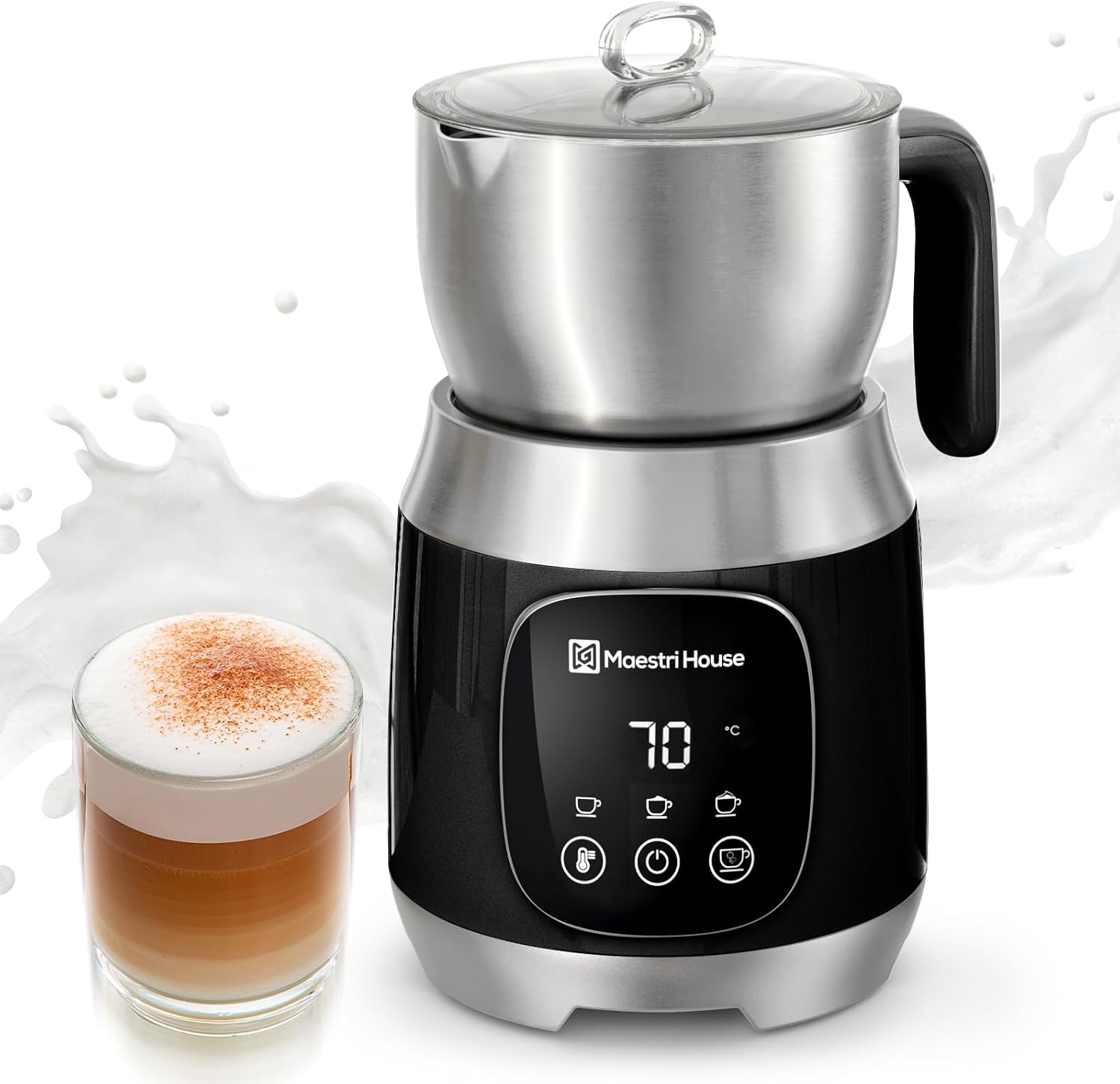 Maestri House 12-in-1 600ml Elektrischer Milchaufschäumer, Spülmaschinenfester Milchdampfer aus Edelstahl mit Variabler Temperatur und Schaum, Speiche