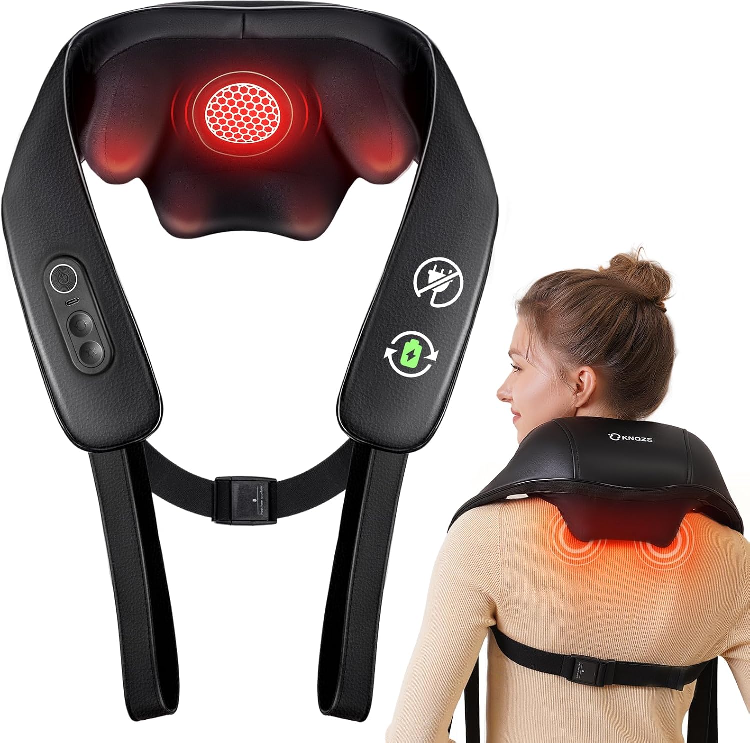 KNQZE® Shiatsu Massagegerät 4D, 2025 Kabellos Nackenmassagegerät mit Wärme, Verbesserte Graphenheizung, 4D Shiatsu Tief knetende Nackenmassage für Nac
