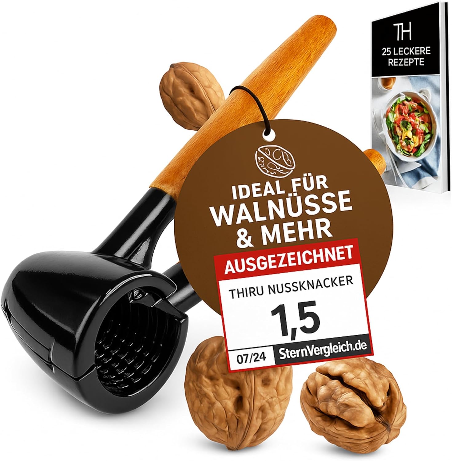 Nussknacker mit edlem Holzgriff 16cm - 100 Tage risikofrei testen - Walnussknacker für Hasel-, Paranüsse - ohne Kernzerquetschung - inkl. E-Book mit R