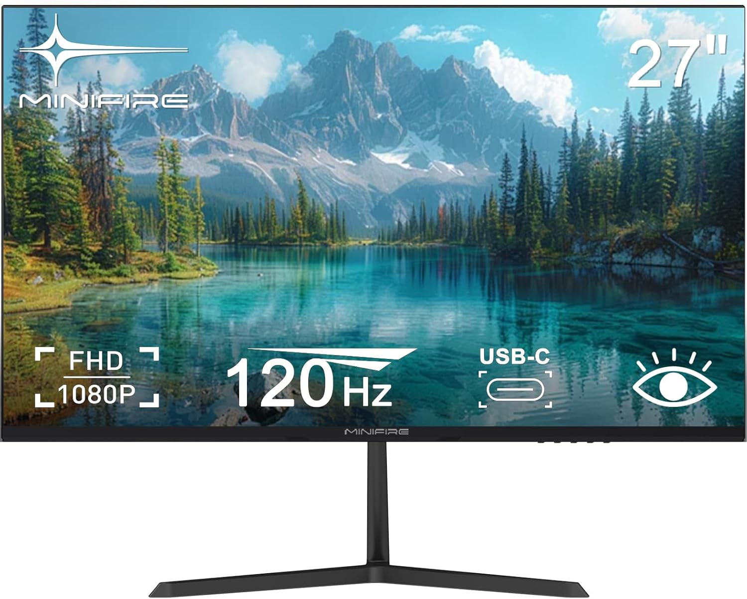 Minifire 27 Zoll Monitor, HDMI Anschluss, 120Hz, Eye-Care für Business und Büro, ultradünner Rahmen, FHD 1080P Computer Monitor PC Bildschirm, Flicker