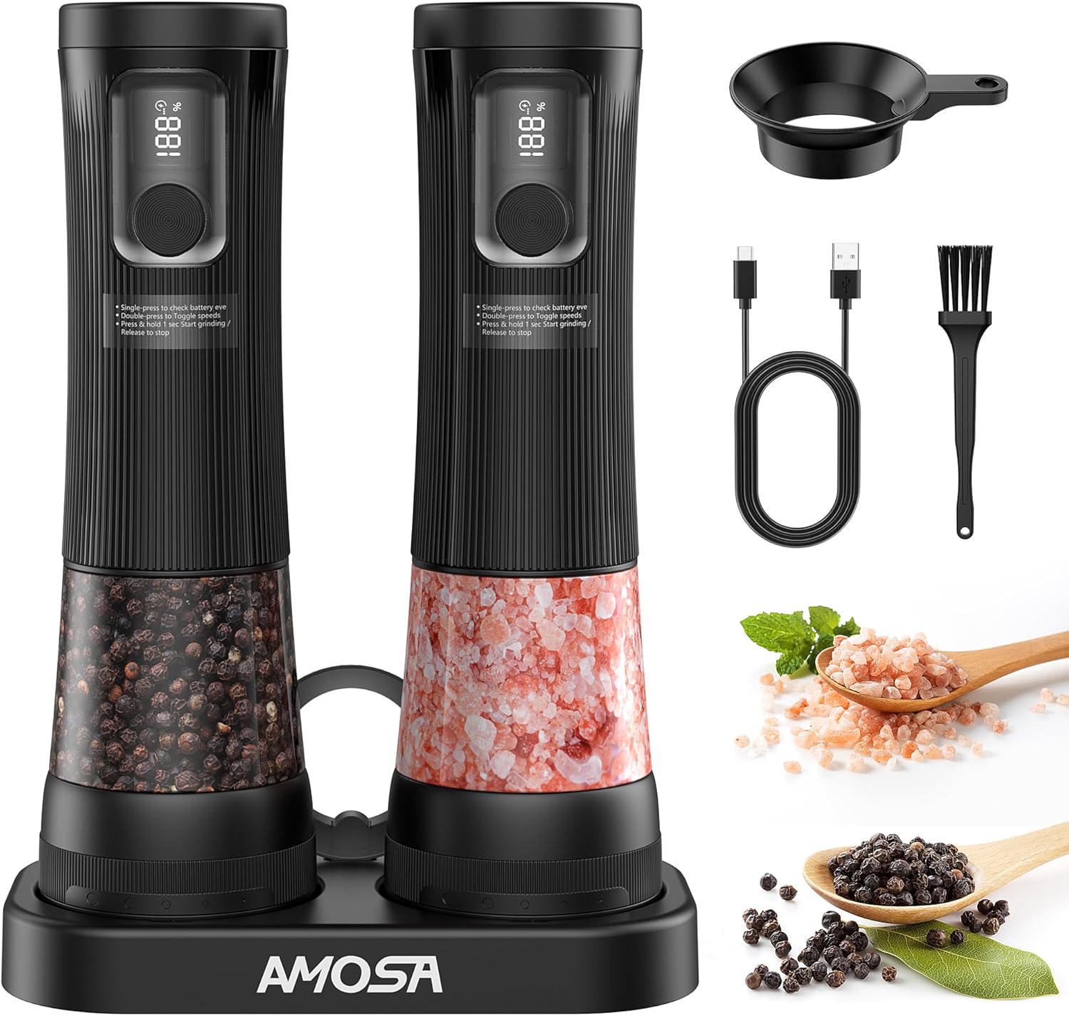 AMOSA Salz Und Pfeffermühle Elektrisch 2er Set, 2 Geschwindigkeiten & 5 exte
