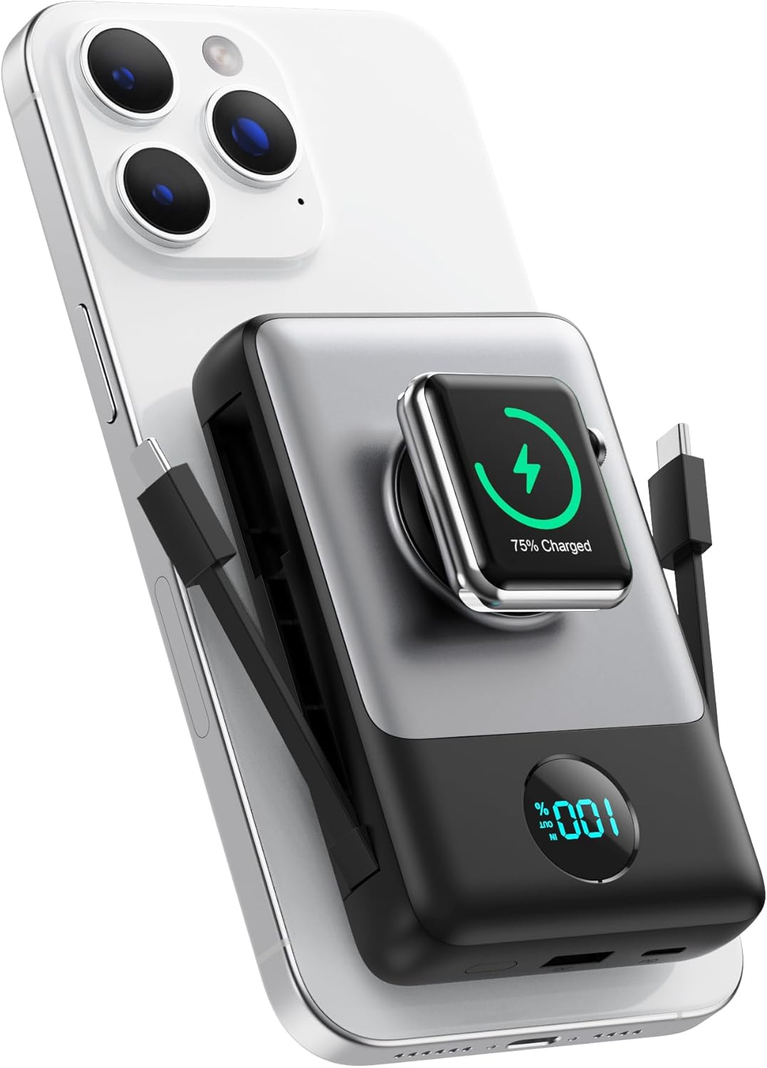 Magnetische Power Bank mit Ladekabel für MagSafe, 10800mAh Wireless PowerBank mit i-Watch Ladegerät, QC4.0+PD 25W Schnel