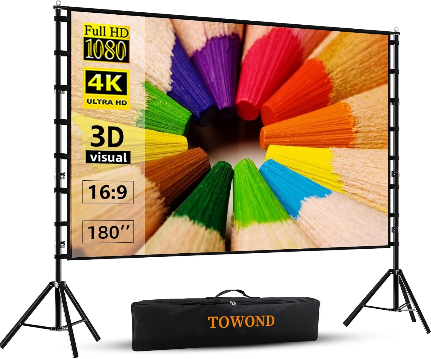 TOWOND 180 Zoll Beamer Leinwand mit Stativ, Leinwand für Beamer 160 Grad Betrachtungswinkel 16:9 HD Rear Front, Filmleinwand Outdoor und Tragetasche f