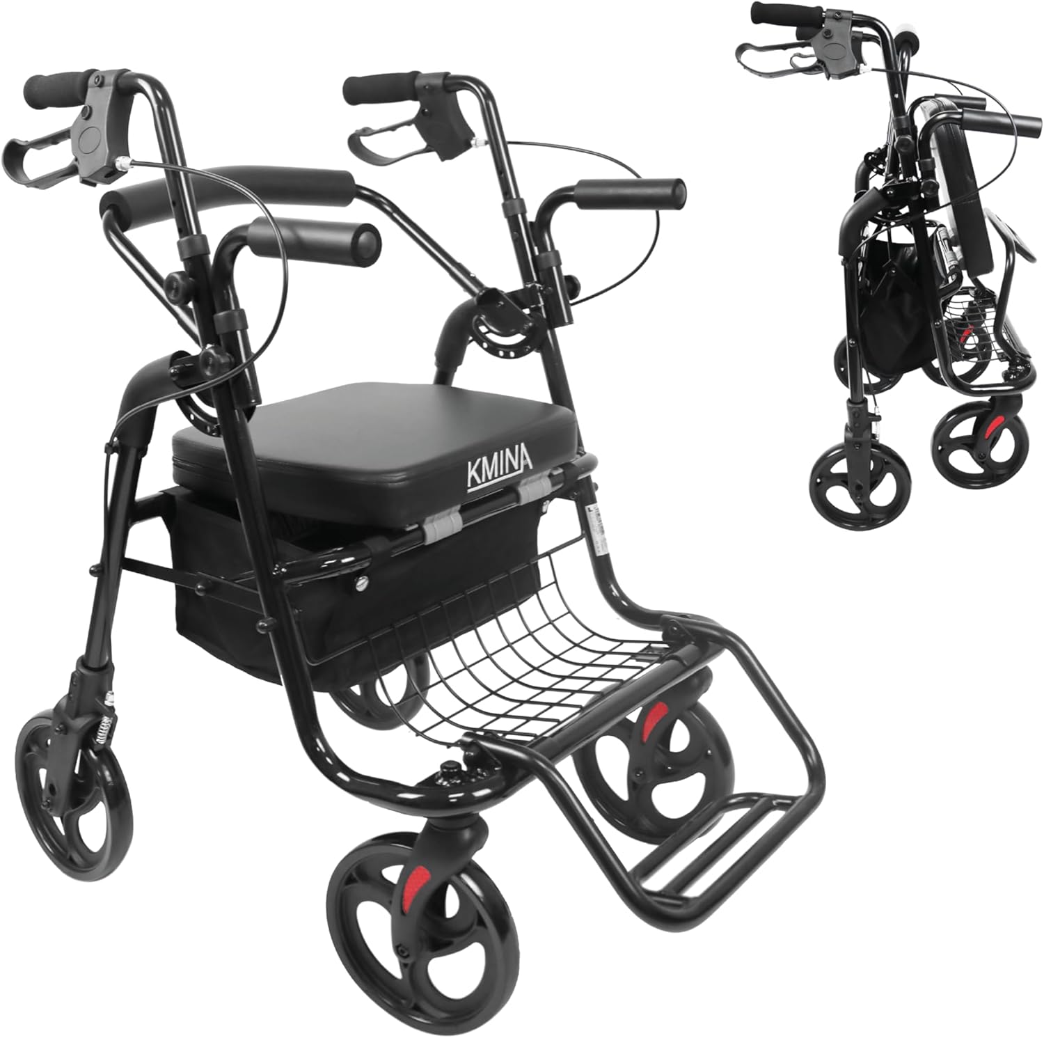 KMINA Rollator Rollstuhl 2 in 1 für Glatte Böden, Faltbarer Gehwagen mit Sitz un