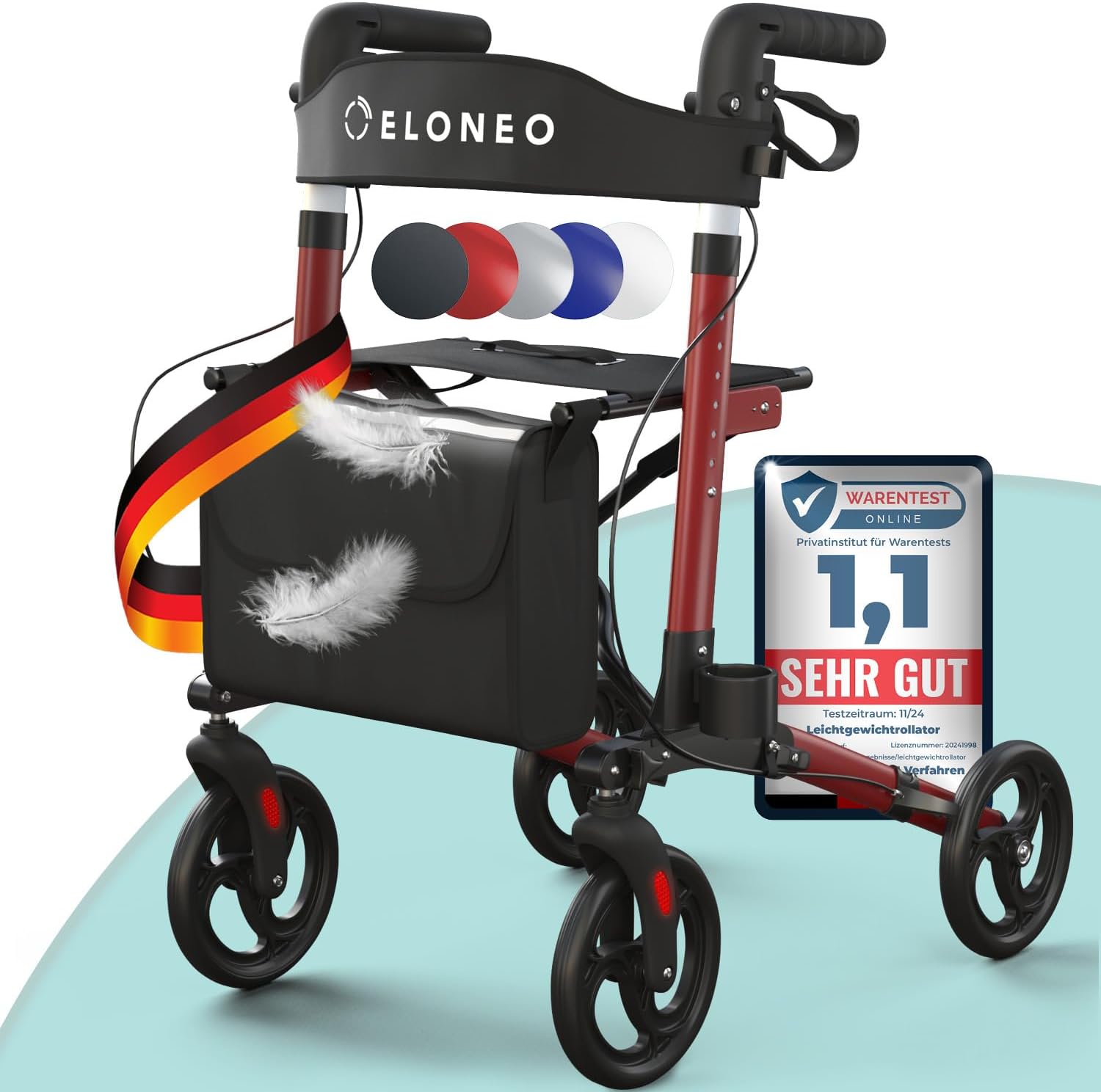 ELONEO Rollator faltbar und leicht mit Sitz, Leichtgewicht-Reiserollator aus Alu