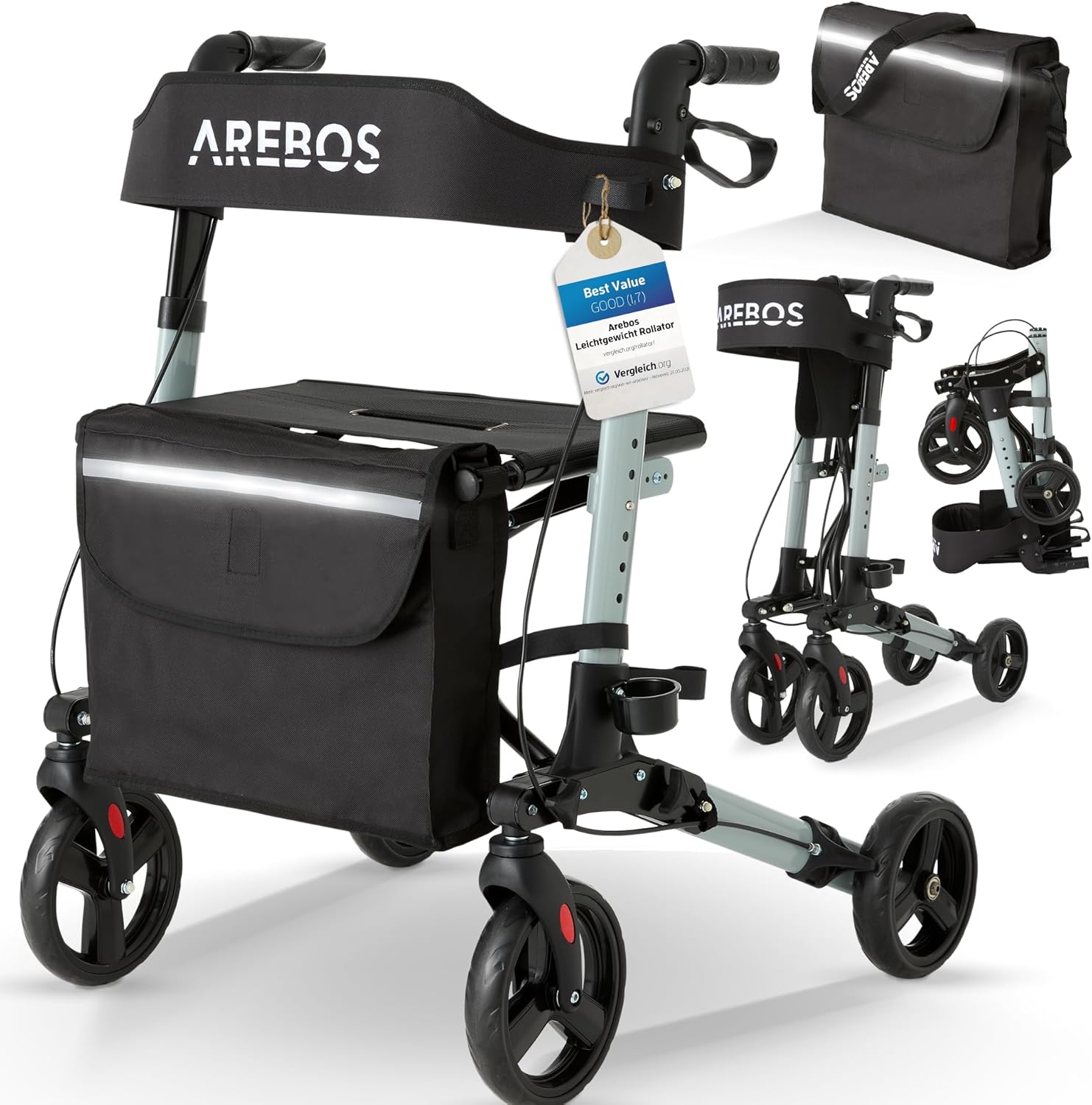 Arebos Leichtgewicht Rollator Aluminium | Reiserollator 6-fach höhenverstellbar | Faltbar | Inkl.Stockhalter und abnehmbare Einkaufstasche | Gehwagen 