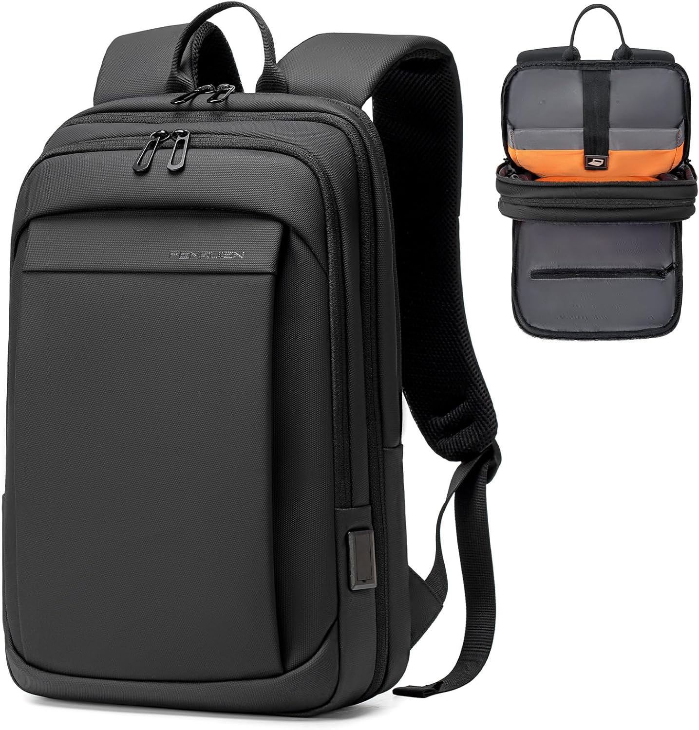 Laptop Business Rucksack Herre - Leichter 15,6 Zoll Slim Laptoprucksack mit USB - Ladeanschluss Wasserdicht &amp; Erweiterbar (12-22L) Rucksack Schwar