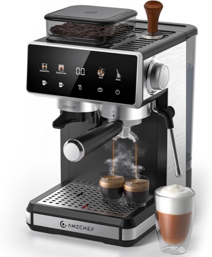 AMZCHEF Siebträgermaschine mit Mahlwerk, 20 Bar Espressomaschine für Zuhause mit Milchaufschäumer, 3 Temperaturstufen, 2