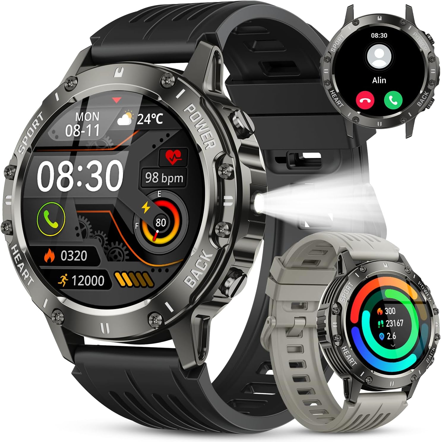 Militär Smartwatch Herren Fitnessuhr mit Telefonfunktion: Wasserdicht Armbanduhr Fitness tracker Bluetooth Anruf Smart Watch mit Herzfrequenz Schlafmo