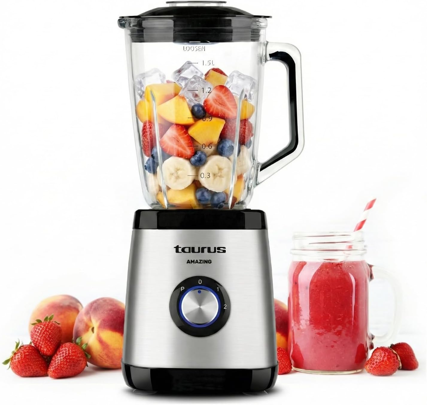 Taurus Standmixer AMAZING | 1500W | 1,5L Fassungsvermögen | 4 Klingen aus rostfreiem Edelstahl | 2 Geschwindigkeitsstufen | zusätzliche Turbofunktion 