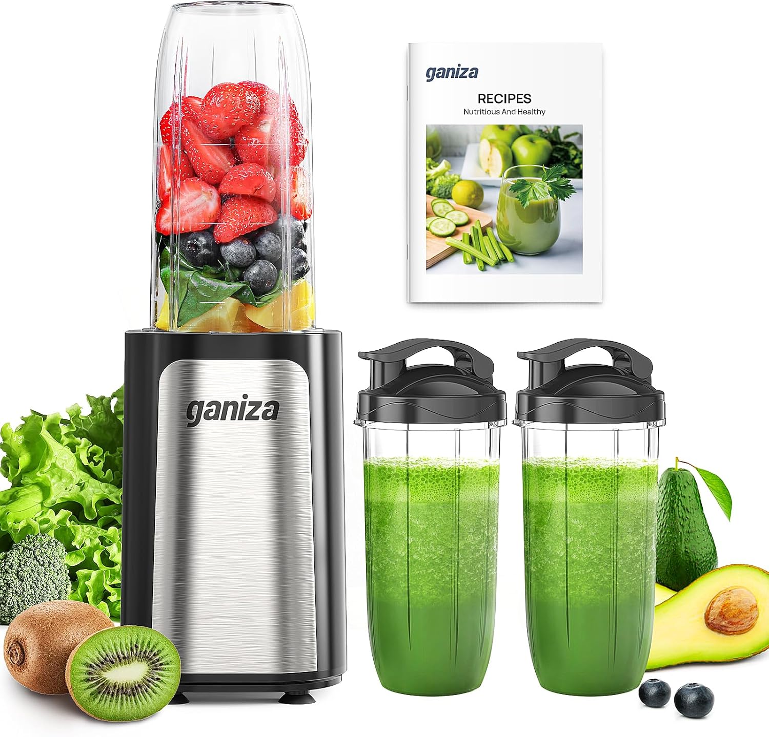 Ganiza Mixer, 900W Mini Smoothie Maker, Standmixer mit 3 Tragbare Mixbechern(2×500ml &amp; 1×700ml), Vierklingenklinge aus Edelstahl, BPA-Frei, Leicht