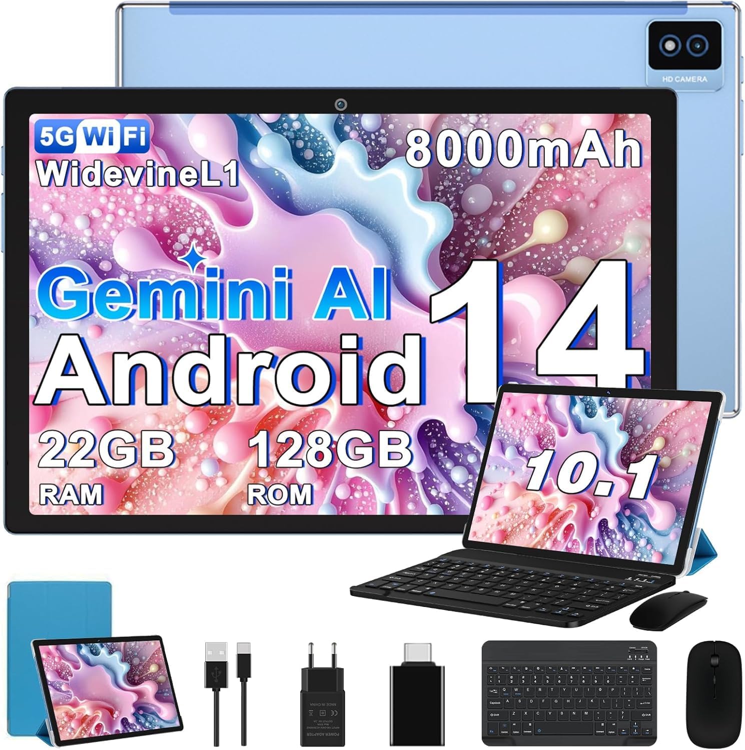 Tablet 10 Zoll Octa-Core, 22 GB RAM+128 GB ROM (TF 2 TB),8000mAh丨Widevine L1丨GMS丨5G WLAN 6丨5MP+8MP丨Bluetooth 5.0丨1280 * 800丨Metallabdeckung Tablet mit