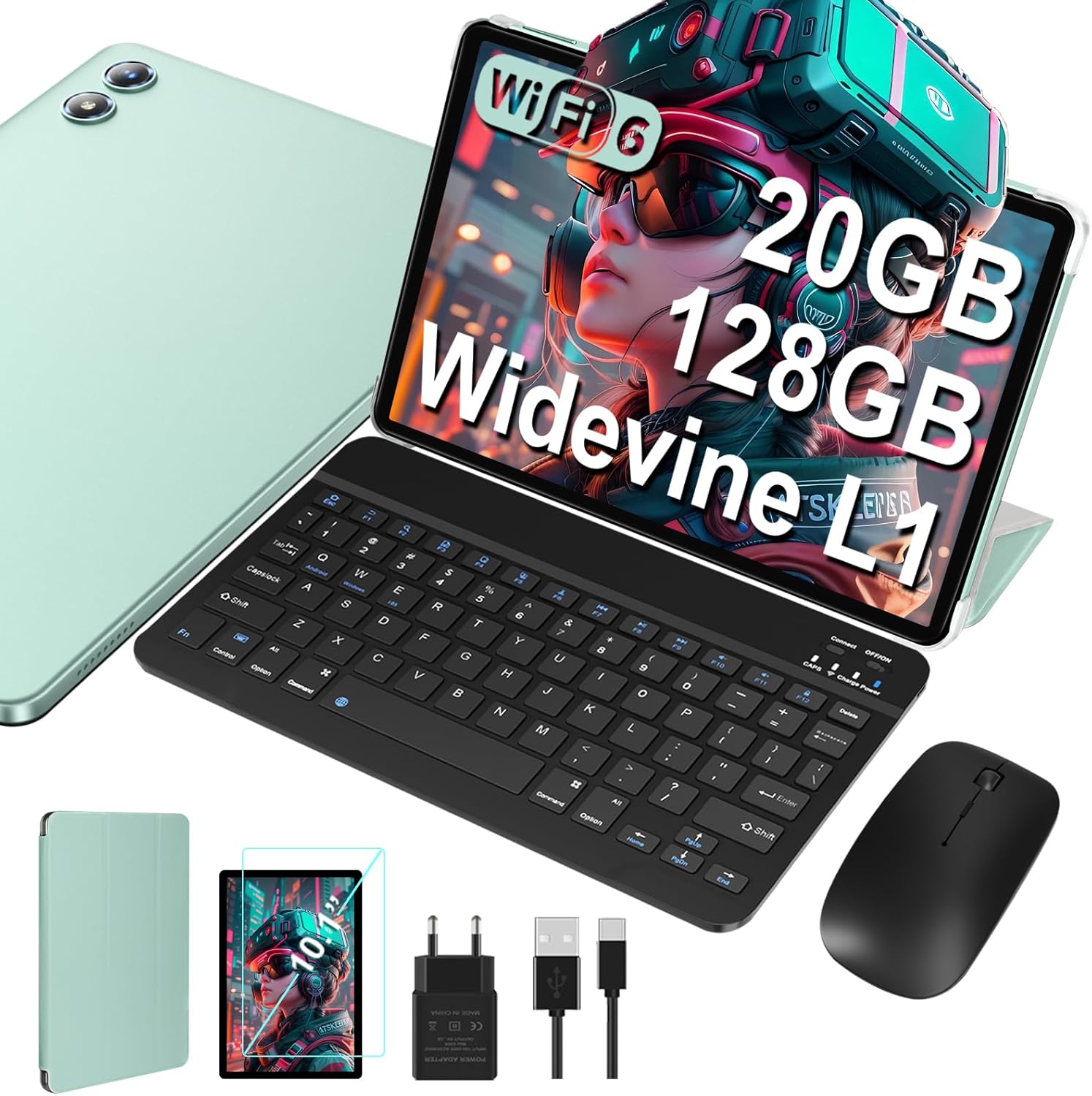 Neueste Android Tablet 10 Zoll, 20GB RAM+128GB ROM(1TB TF), 5G+2.4G WiFi 6, Octa-Core 1.8 GHz, Widevine L1, 1280 * 800, 6000mAh, 5MP+8MP, BT5.0, Mit T