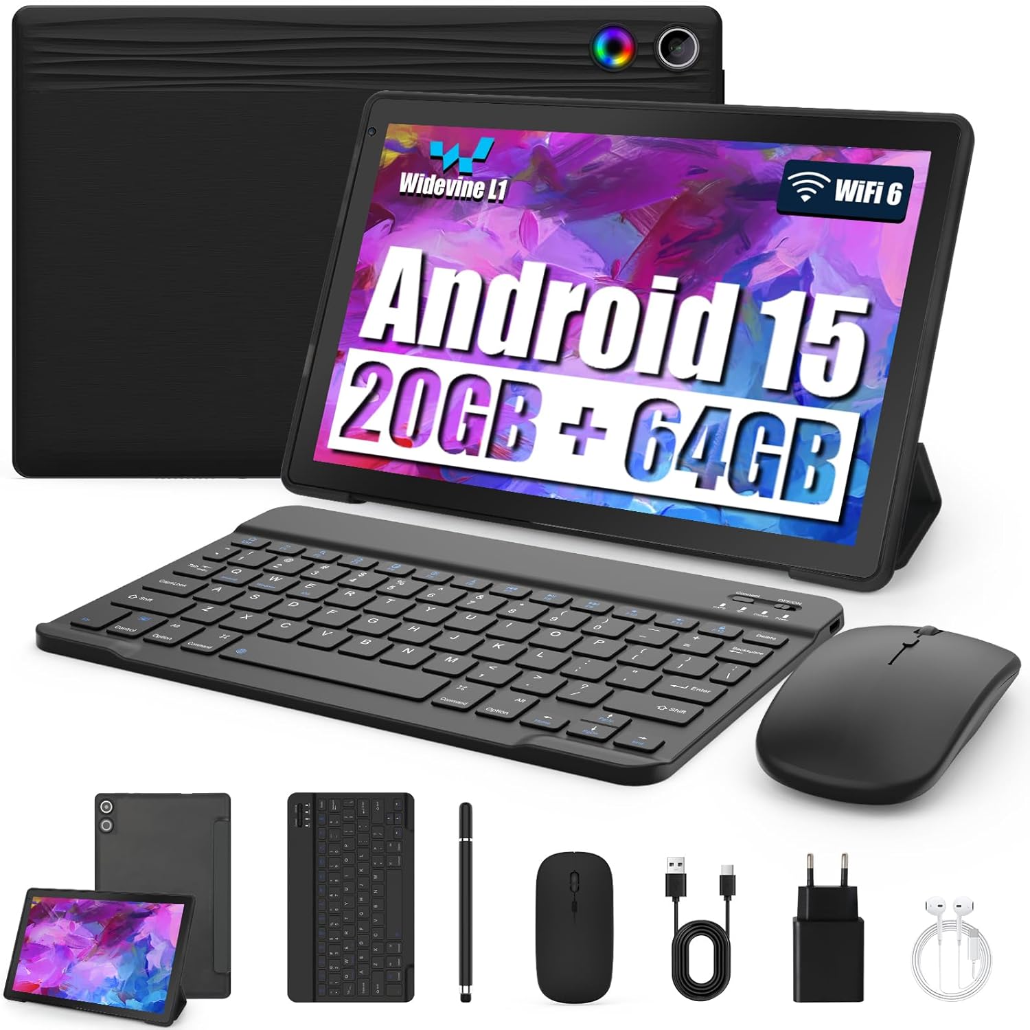 Tablet 10 Zoll 8-in-1 Kit Android 15 Tablet PC mit Hülle Tastatur Maus Stift Kopfhörer Netzstecker Kabel Octa-Core 20 GB RAM 64 GB ROM 1TB TF Erweiter