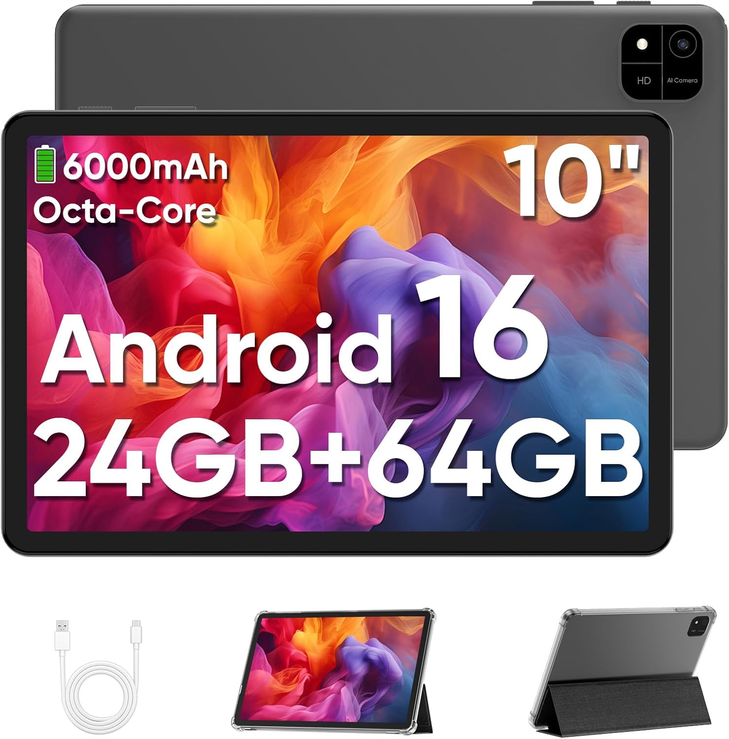 Android 16 Tablet 10 Zoll,24GB RAM+64GB ROM 2TB erweiterbar Tablet,Bildschirmauflösung 1280p,Unisoc T606 Octa-Core Prozessor,WiFi 6/Dual-Kamera/Face I