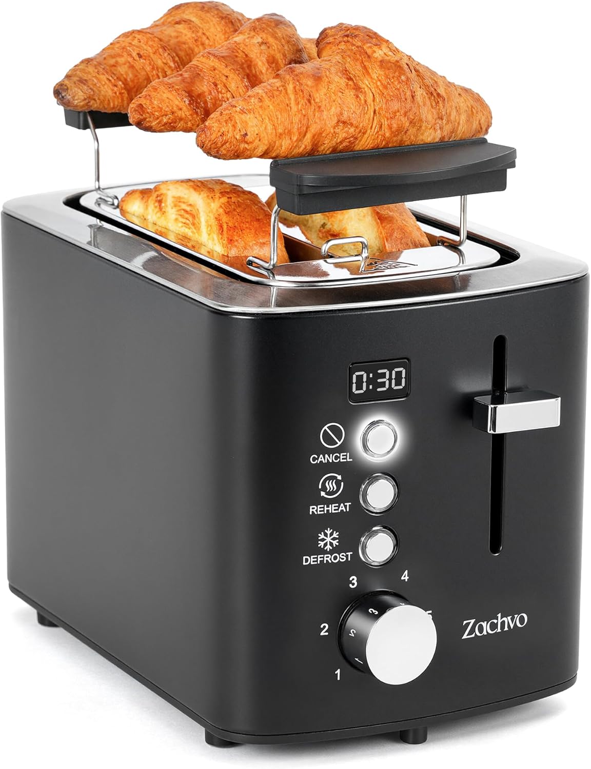 Edelstahl 2 Scheiben Toaster mit LED-Countdown &amp; Brötchenaufsatz, extra breite 3,5 cm Schlitze für Toast, dicke Brotscheiben &amp; Bagels,6 Bräunu