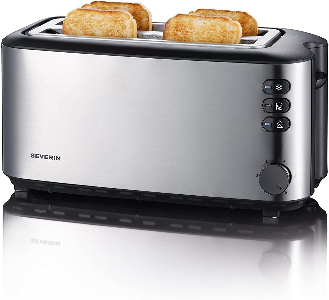 Severin Doppel-Langschlitztoaster mit eingebautem Brötchen-Aufsatz, für 4 Brotscheiben, Brotscheibenzentrierung, Aufwärm- und Defroster-Stufe, Edelsta