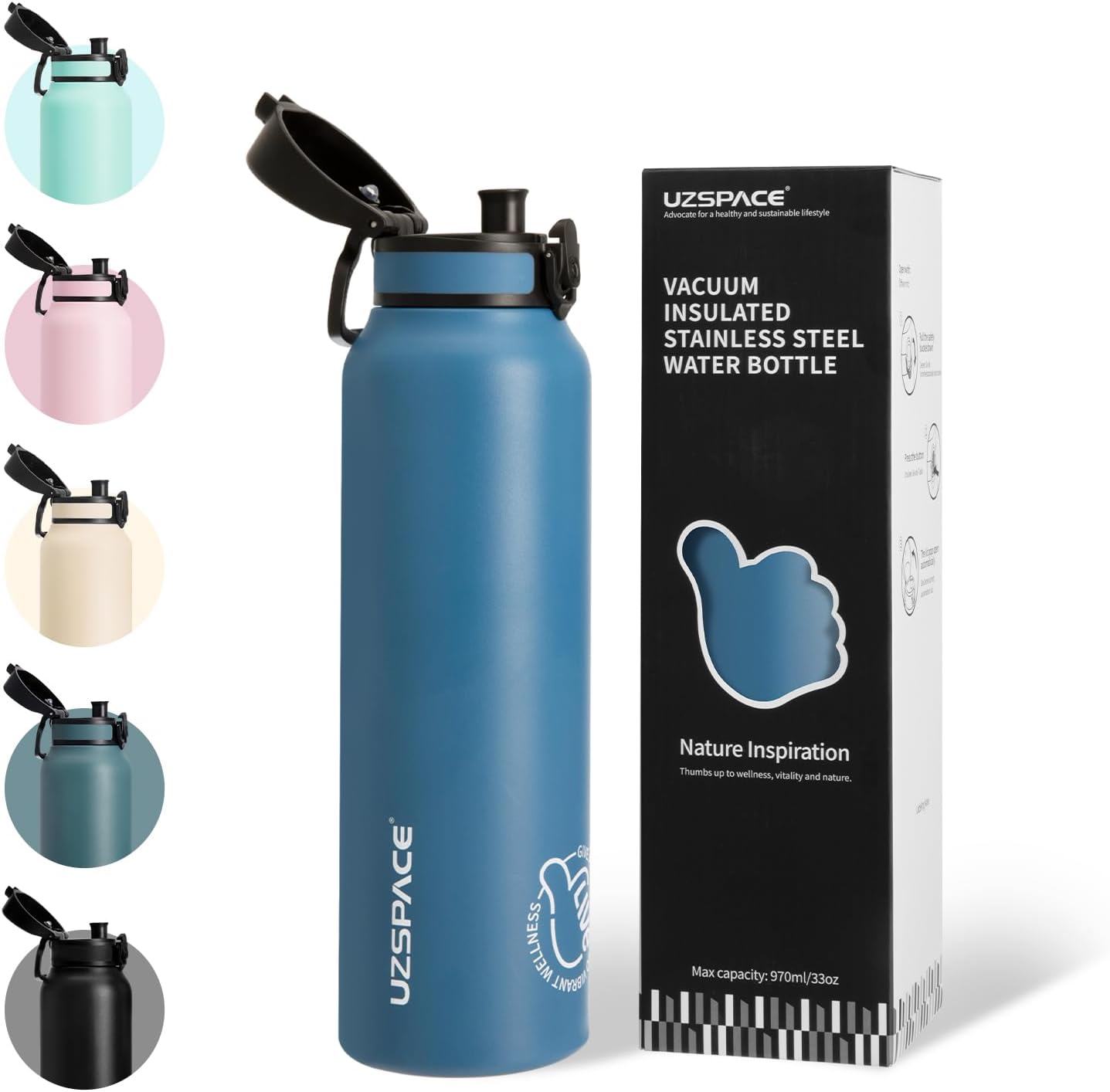 UZSPACE Edelstahl Trinkflasche 1l (970ml), Isolierte Thermosflasche mit 1-Klick-Öffnung, 100% Auslaufsicher, Sport Wasserflasche für Wandern Sport Fit