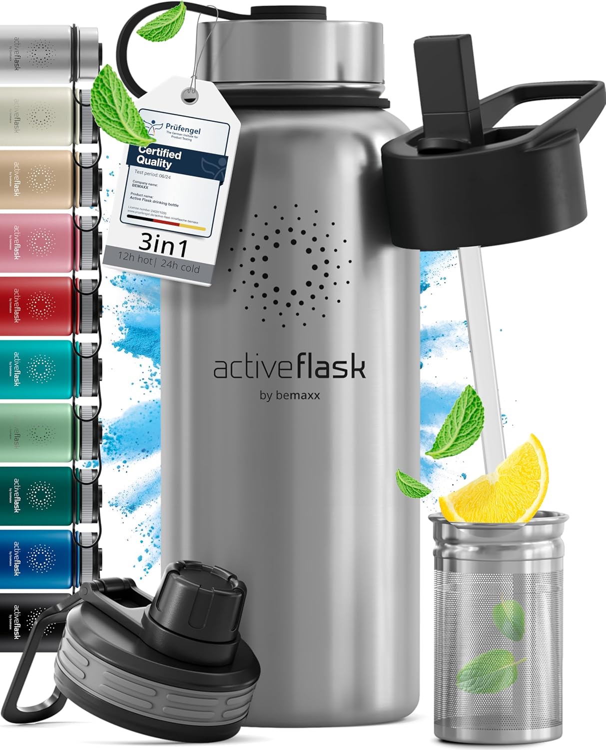 Trinkflasche Edelstahl ACTIVE FLASK + Strohhalm (3 Deckel) BPA-frei, Auslaufsicher, Kohlensäure geeignet - Wasserflasche Fahrrad Thermosflasche Isolie