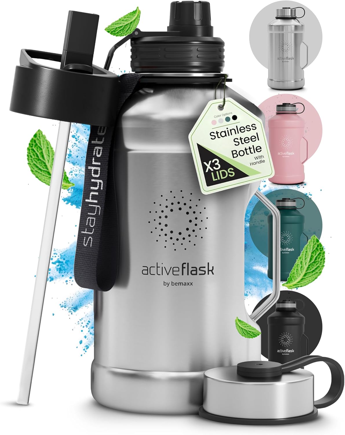 Trinkflasche Edelstahl ACTIVE FLASK + Strohhalm (3 Deckel) | Große 1,3 / 2,2 Liter Sportflasche BPA-frei Auslaufsicher Kohlensäure geeignet, 2l XL Was