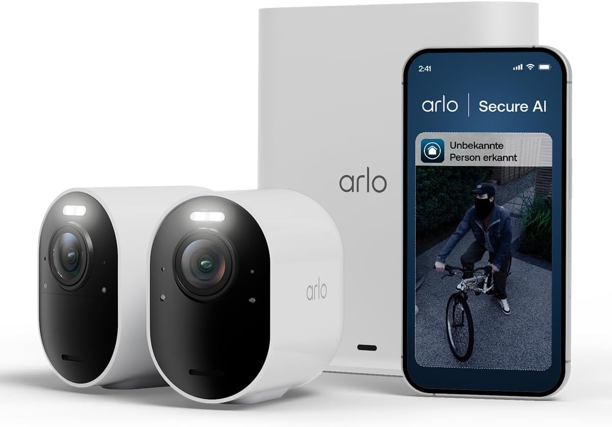 Arlo Ultra 3 Überwachungskamera Aussen WLAN, Kabellos, 4K UHD, KI-Erkennung, Auto-Tracking, Farb-Nachtsicht, Zwei-Wege-Audio, Lokaler Speicher, mit Ar
