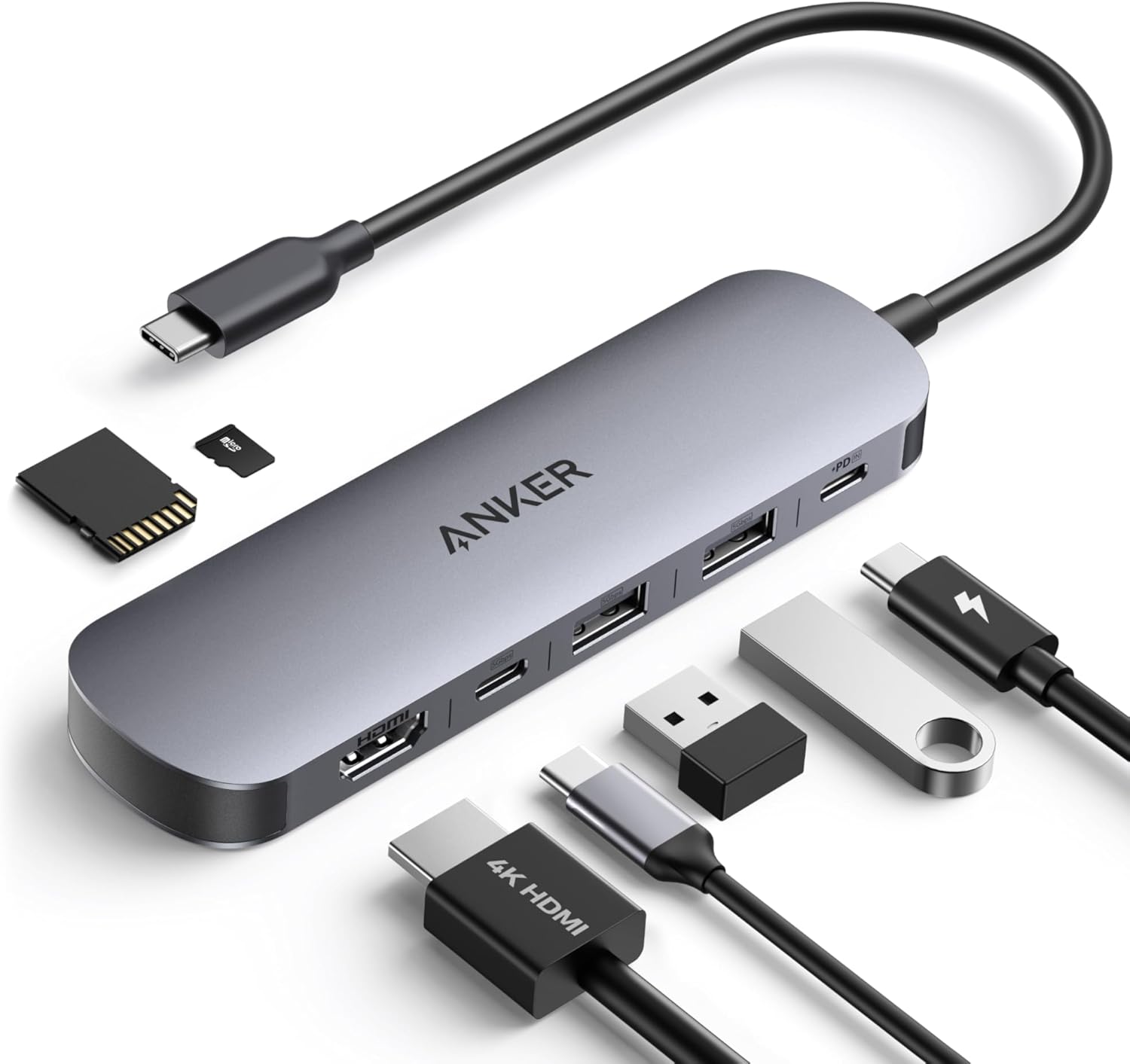 Anker 7-in-1 USB-C Hub mit 4K@60Hz HDMI, 85W Power Delivery, USB-A/C-3.0-Ports und SD/microSD-Kartenleser für USB-C Geräte (ohne Netzteil)