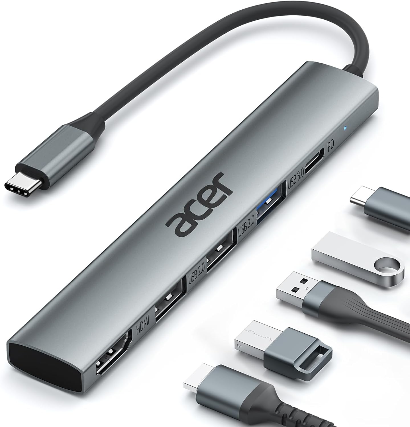 acer USB C Hub 5 in 1, Tragbarer 4K HDMI Adapter PD 100W, 3X USB A Datenport, US