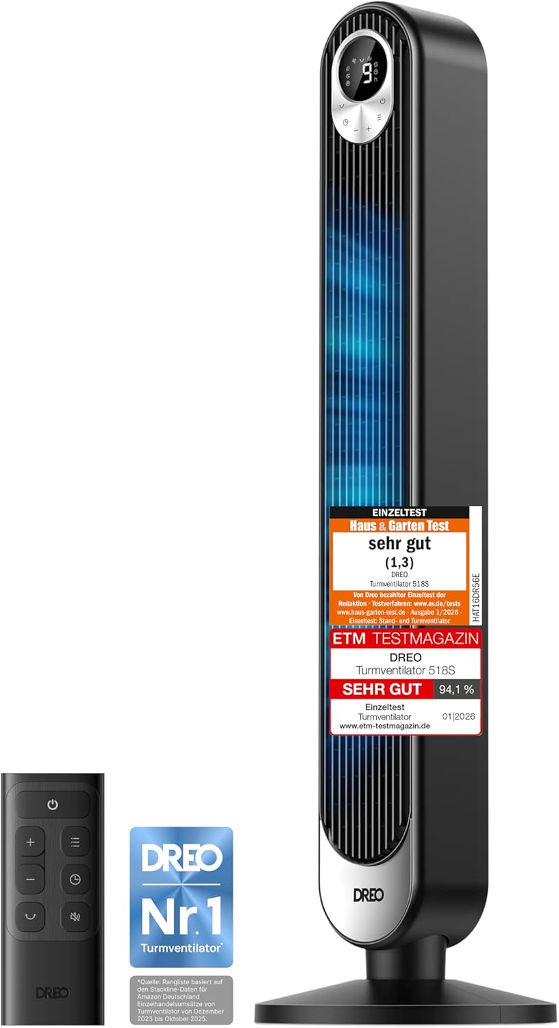 DREO DC Motor Turmventilator Leiser, 11M Windentfernung Ventilator mit Kühlung Fernbedienung, 9 Stufen 4 Modi, 90° Oszillierender Stand Ventilatoren f