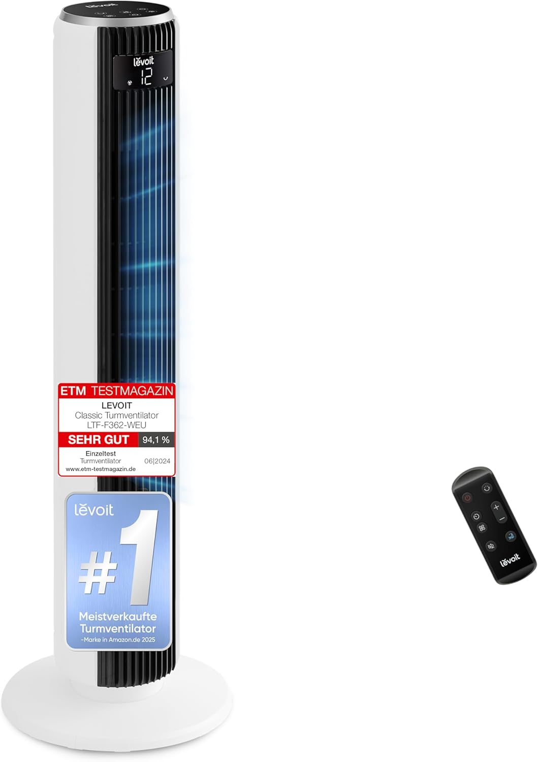 Levoit - DC Motor Turmventilator - 20dB sehr leiser Ventilator - 4 Modi/12 Stufen/12 Std Timer - Fernbedienung &amp; Kühlung - Tower Fan mit 7,9m/s Ge