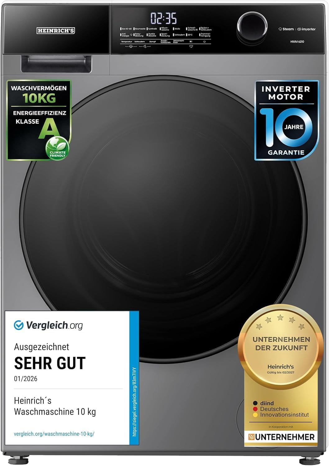 Heinrich´s Waschmaschine, Steam-Funktion, 10kg Mega Kapazität, 15 Programme, 140